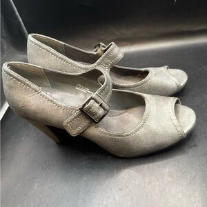 Aerosoles Reviving Gray Leather Peep Toe Mary Jane Mid Heel Pumps Size 10 Y2K